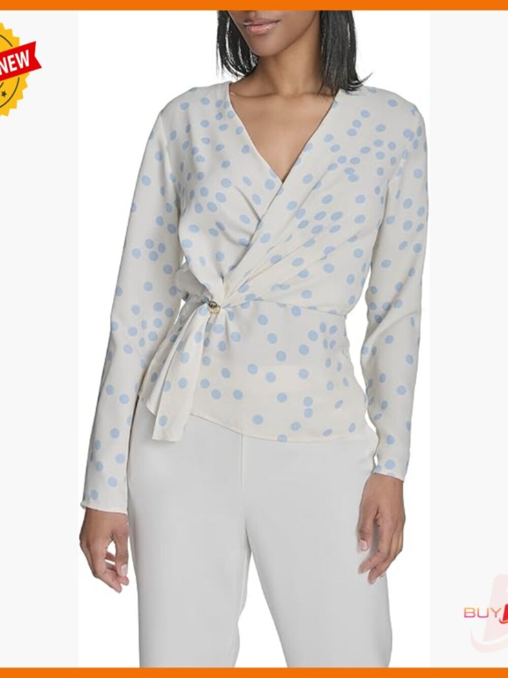 Long Sleeve Wrap Blouse with Hardware, Polka Dot Pattern, Regular Fit - Picture 1 of 6